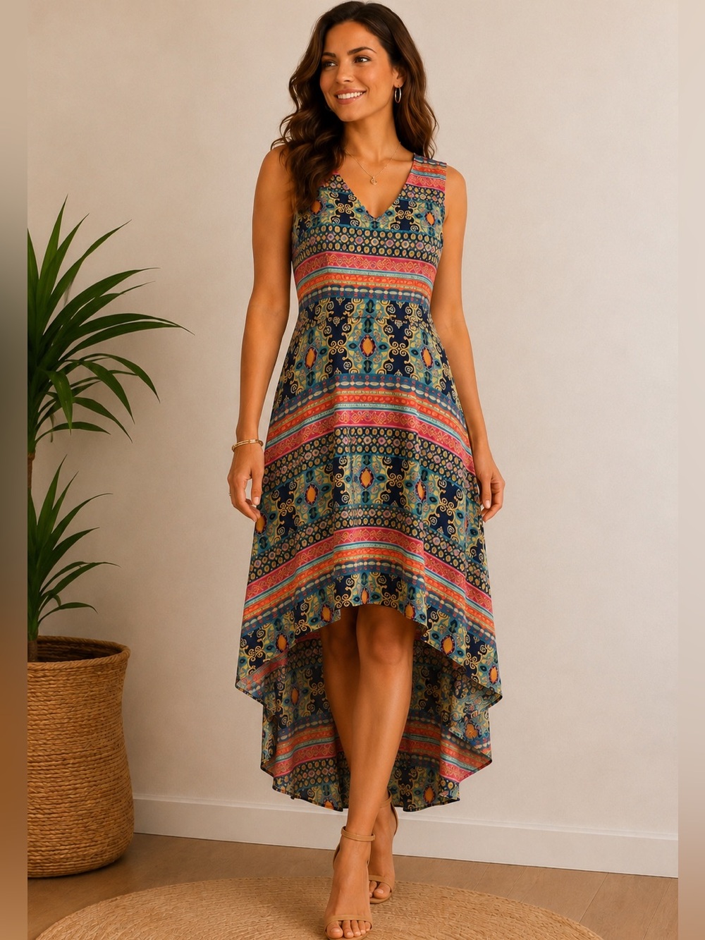 Like New! Christin Michaels Talaya Printed V-Neck High-Low Dress- Size 10